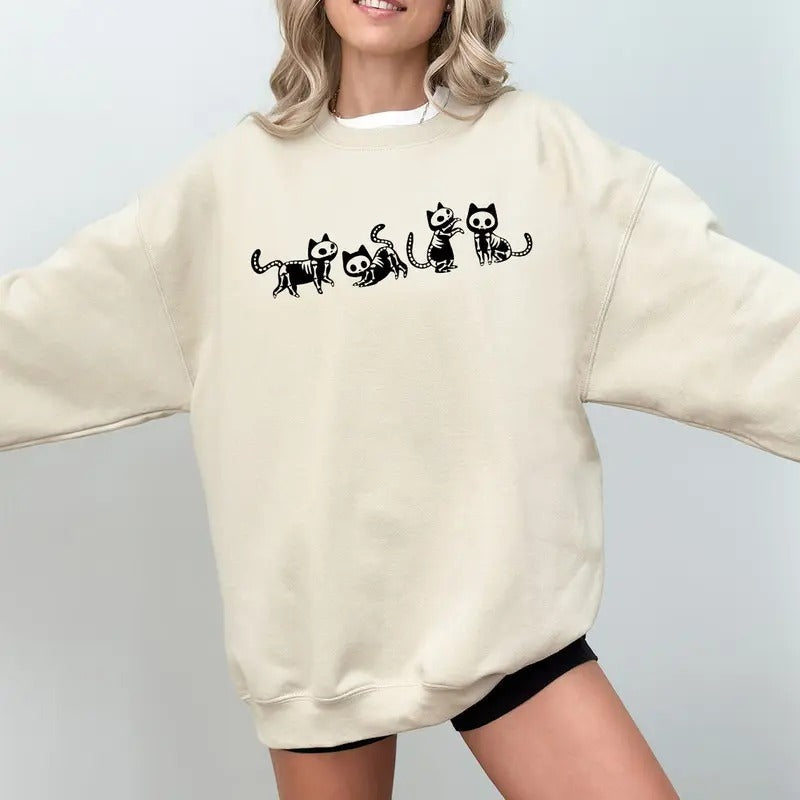 Black Cat Halloween Sweatshirt, Black Cat Skeleton Shirt, Halloween Ghost Cat Sweater, Halloween Cat Tee Shirt, Gift For...