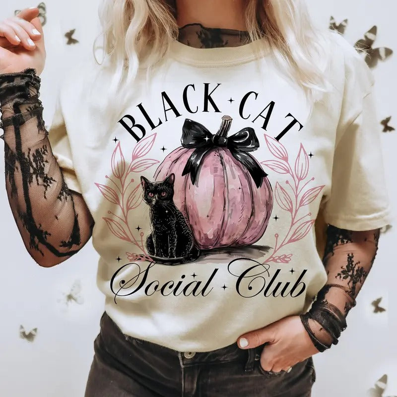 Black Cat Social Club Shirt, Ghost Cat Halloween Shirt, Retro Halloween Sweatshirt Png, Gothic Black Cat Shirt, Coquette...