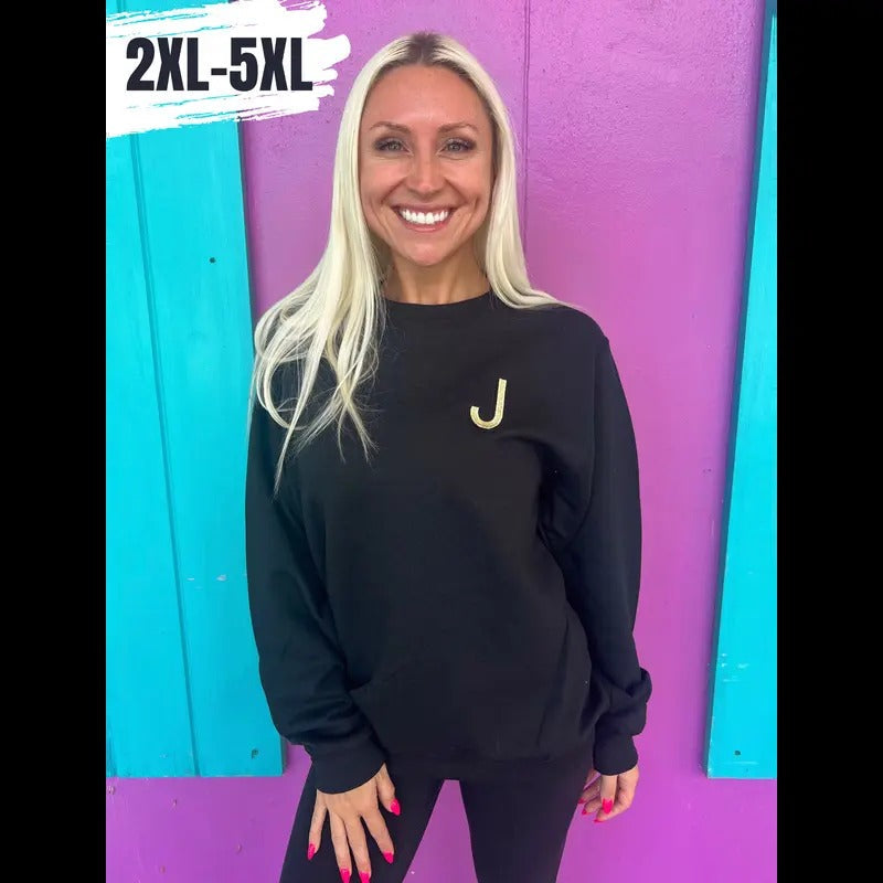 Black Embroidered Initial Sweatshirt (2XL-5XL) T-Shirts, Hoodie | RetroVerseTees.com