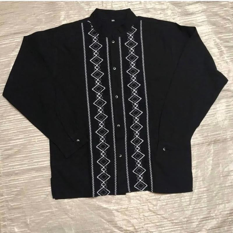 Black guayabera rombo shirt Black Casual Menswear Hoodie, Sweatshirt | RetroVerseTees.com