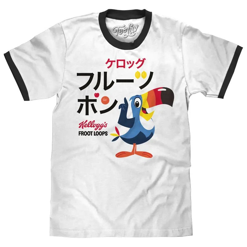 Froot Loops Cereal Japanese Toucan Sam Ringer T-Shirt - White/Black Hoodie, Sweatshirt | RetroVerseTees.com