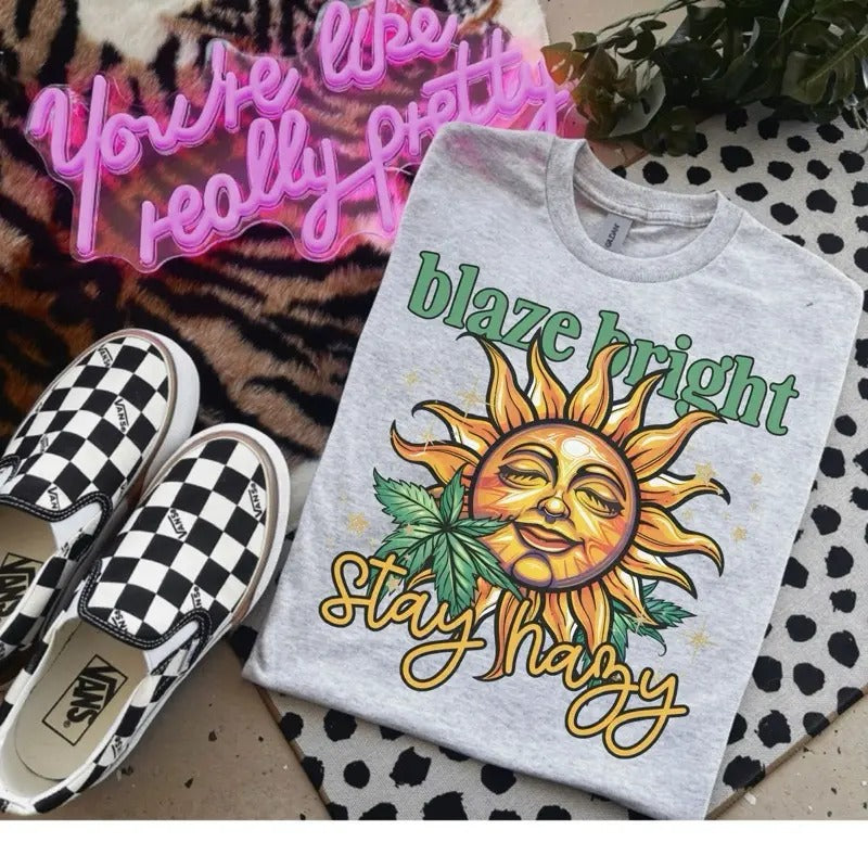 Blaze Bright Stay Happy  - Bleached Shirt - Gildan Hoodie, Sweatshirt | RetroVerseTees.com