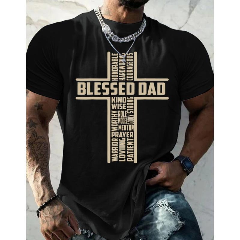 Blessed Dad Cross TNF'WB shield Day Christian TShirt Pure Cotton Fabric Casual Streetstyle Crew Neck Short Sleeve T-Shirt...