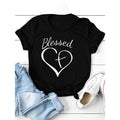 Blessed Heart & Cross Print T-shirt, Crew Neck Short Sleeve T-shirt For Valentine'WB shield Day Gifts, Women'WB shield...