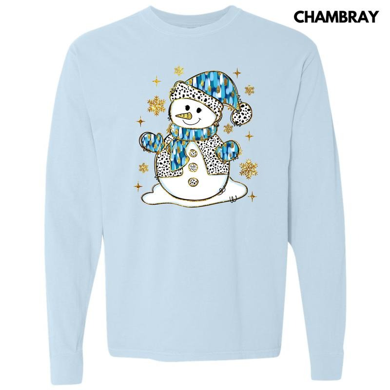 Blue & Gold Spotted Snowman Long Sleeve Comfort Colors T-Shirt 'NLB' Hoodie, Sweatshirt | RetroVerseTees.com
