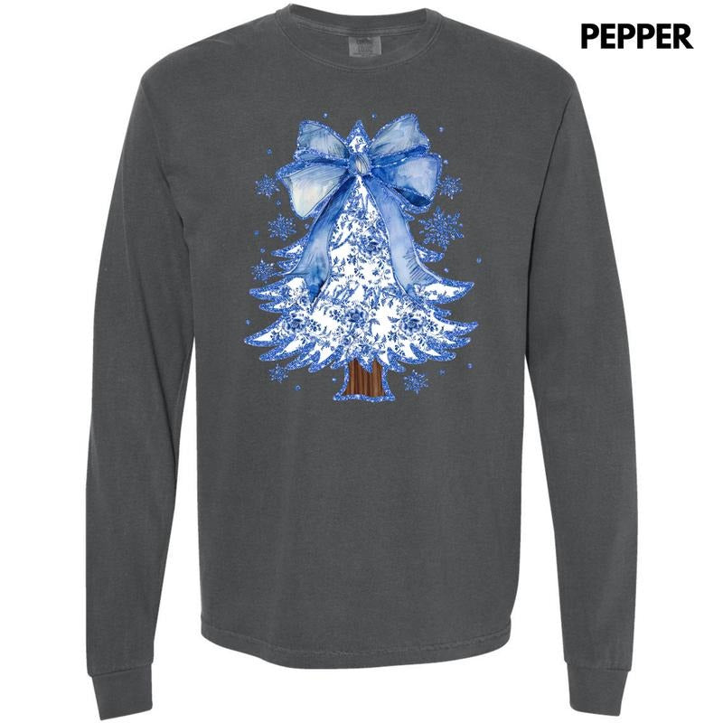 Blue Chinoiserie Christmas Tree Long Sleeve Comfort Colors T-Shirt 'NLB' Hoodie, Sweatshirt | RetroVerseTees.com