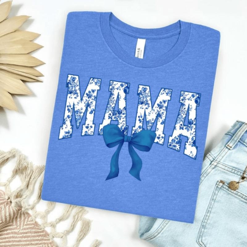 Blue Floral Mama with Bow Graphic Tee Hoodie, Sweatshirt | RetroVerseTees.com