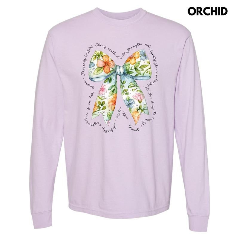 Blue Floral Proverbs Bow Long Sleeve Comfort Colors T-Shirt 'NLB' Hoodie, Sweatshirt | RetroVerseTees.com