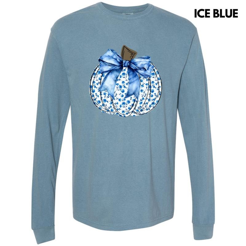 Blue Floral Pumpkin Long Sleeve Comfort Colors T-Shirt 'NLB' Hoodie, Sweatshirt | RetroVerseTees.com