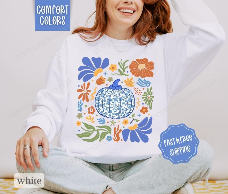 Blue Floral Pumpkin Sweatshirt Comfort Colors, Fall Sweater Womenswear Autumn Crewneck T-Shirts, Hoodie | RetroVerseTees.com
