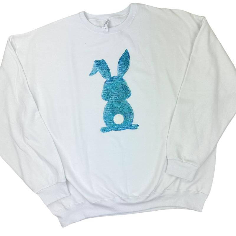 Blue Sequin Bunny Patch Sweatshirt -- WHITE T-Shirts, Hoodie | RetroVerseTees.com