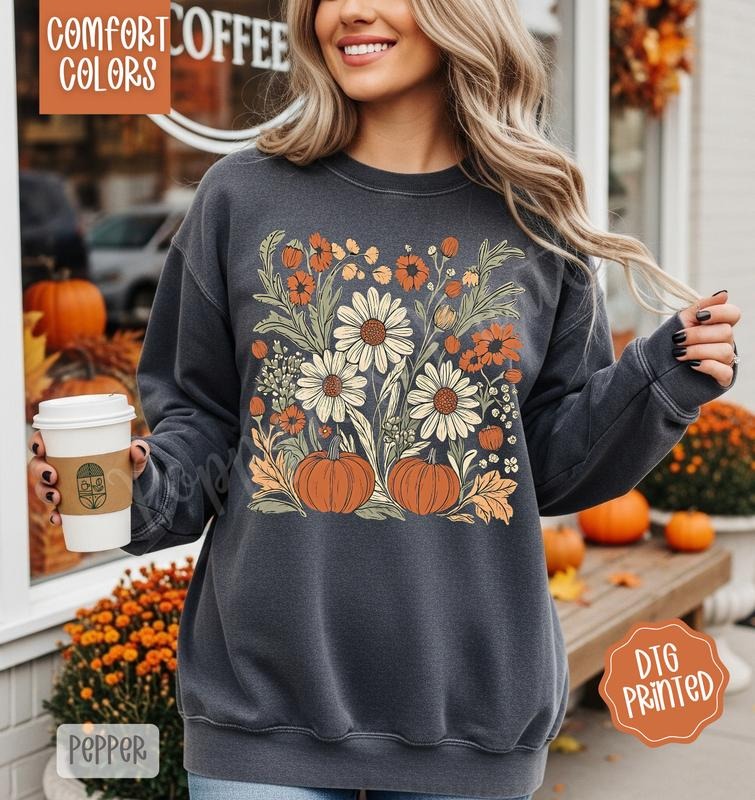 Boho Fall Floral Comfort Colors Sweatshirt, Trendy Women's Autumn Crewneck T-Shirts, Hoodie | RetroVerseTees.com