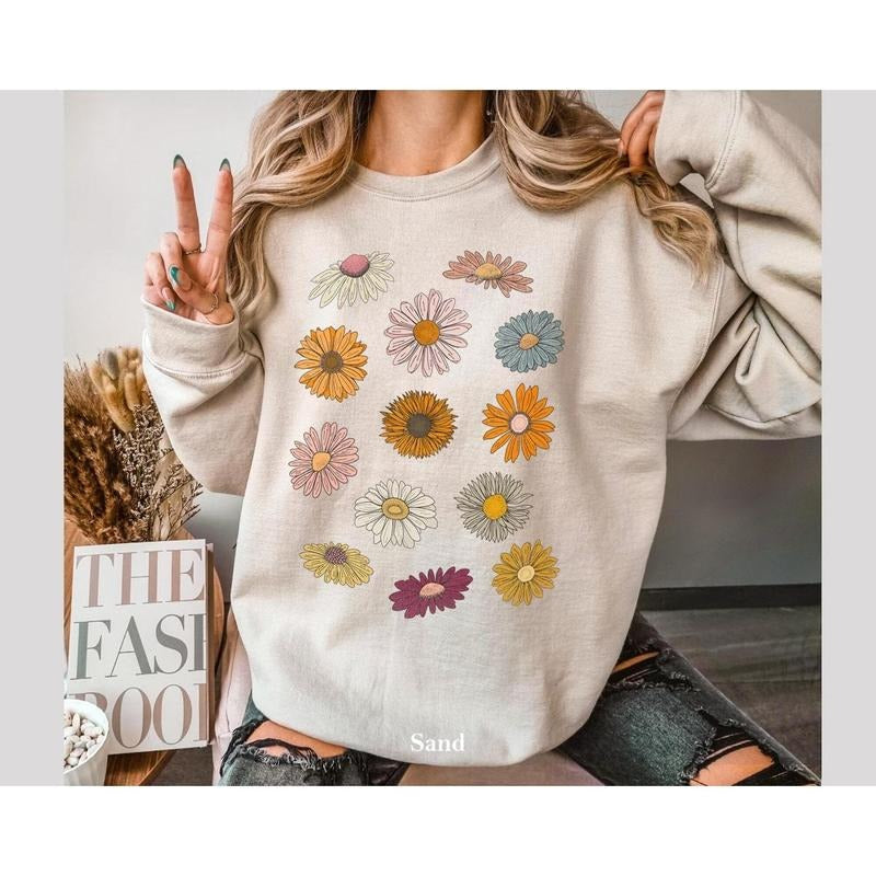Boho Flower Sweatshirt Unisex Wildflower Shirt Women Floral Minimalist Sweater Flower Print Sweatshirt Women Gift...