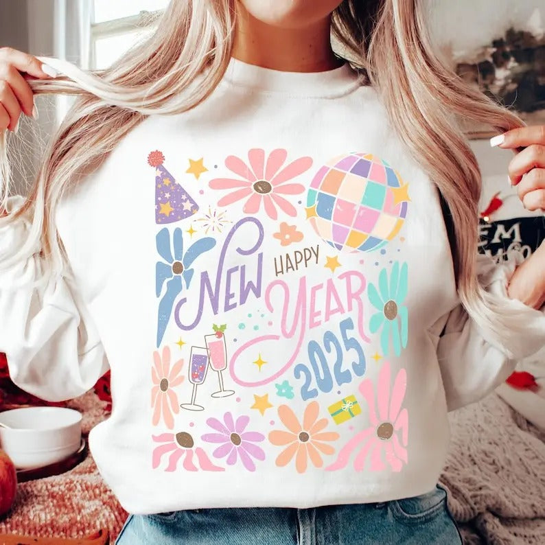 Boho New Year 2025 Shirt, Retro New Years Sweatshirt, Disco Ball Shirt, Pink, Pastel, New Year New Me Sweatshirt,...
