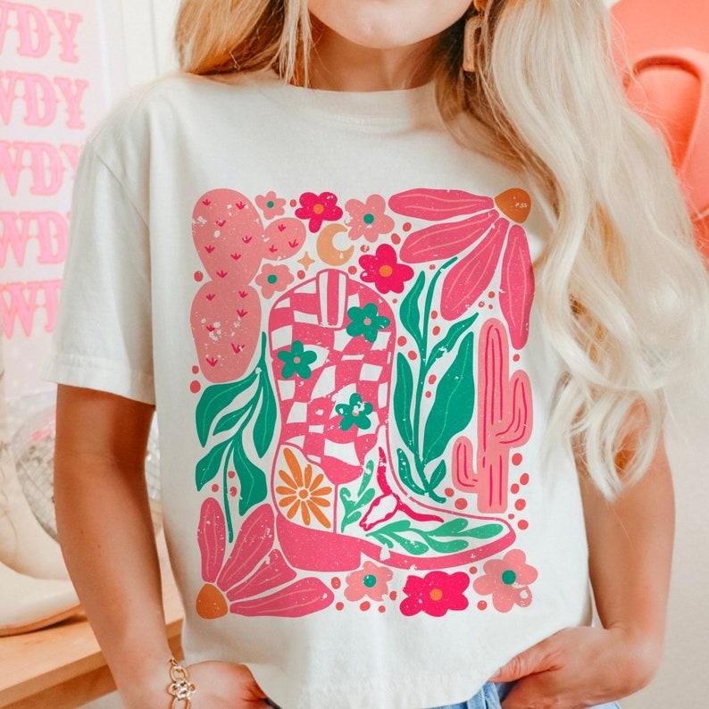 Boho cowgirl boot and flowers T Shirt Hoodie Sweater and Shirt bundle, retro flower Shirt, retro western Shirt, boho...