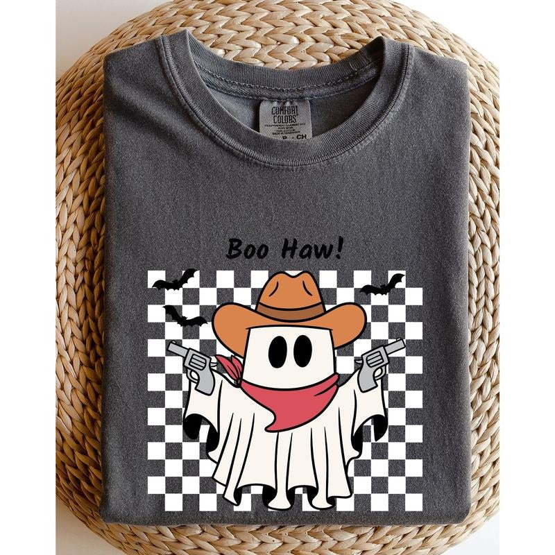 Boo Haw, Cowboy Ghost, Checkered, Western, Halloween Shirt, Women's Comfort Color Tee, Tshirt Hoodie, Sweatshirt