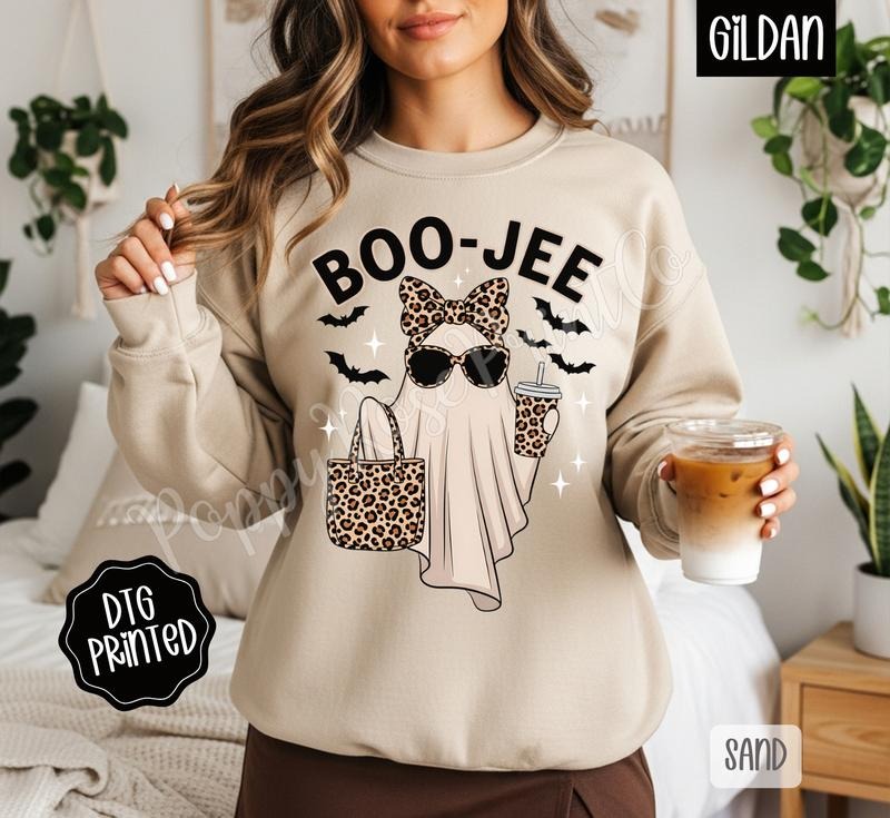 Boo-Jee Ghost Sweatshirt, Trendy Women's Halloween Crewneck T-Shirts, Hoodie | RetroVerseTees.com