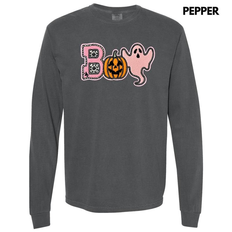Boo Spider Pumpkin Ghost Chenille Patch Long Sleeve Comfort Colors T-Shirt Hoodie, Sweatshirt | RetroVerseTees.com