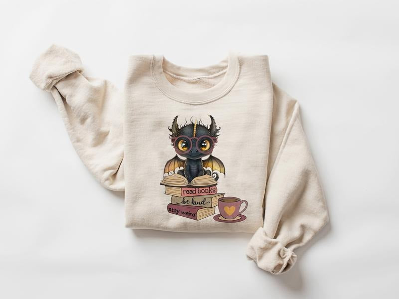 Book Lover Sweatshirt, Funny Dragon Read Books Sweatshirt, Be Kind Sweater, Stay Weird Shirt, Fantasy Book Reader Tee,...