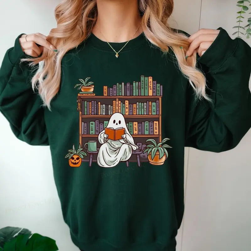 Bookish Ghost Sweater Spooky Library Shirt for Book Lover Reading Sweatshirt Cottagecore Pumpkin Crewneck Librarian...