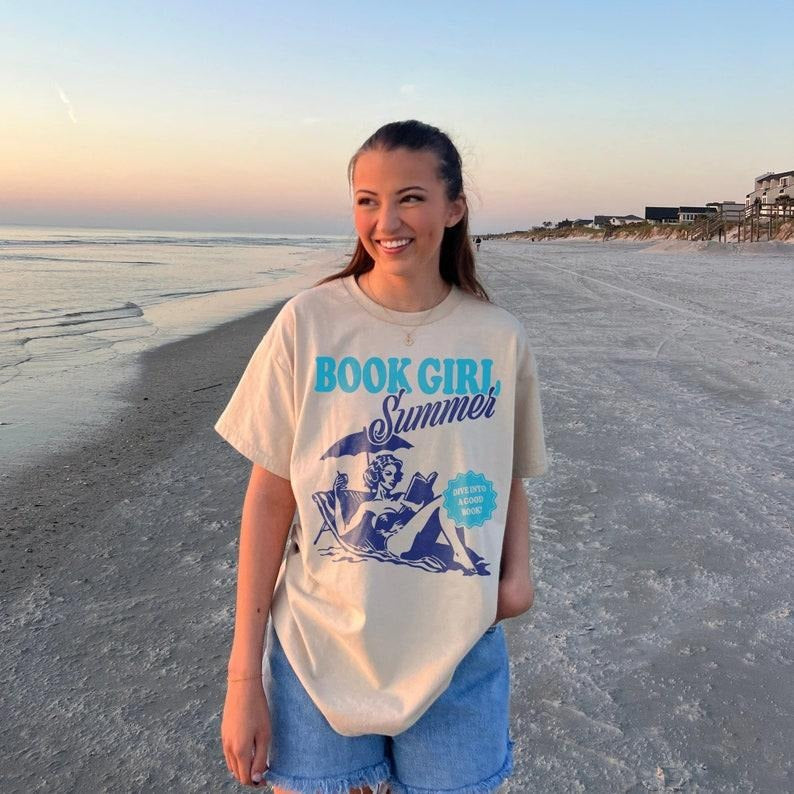 Bookish Tees Book Girl Summer Shirt | Beach Book Lover Summer Bookish Funny Reader Oversized Beach Shirt Bookish Vacation...