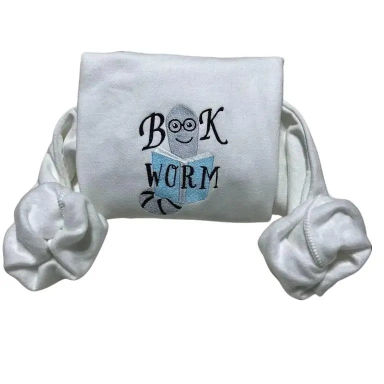 Bookworm Teacher Embroidered sweatshirt; Cotton Casual cute worm embroidered crewneck T-Shirts, Hoodie | RetroVerseTees.com