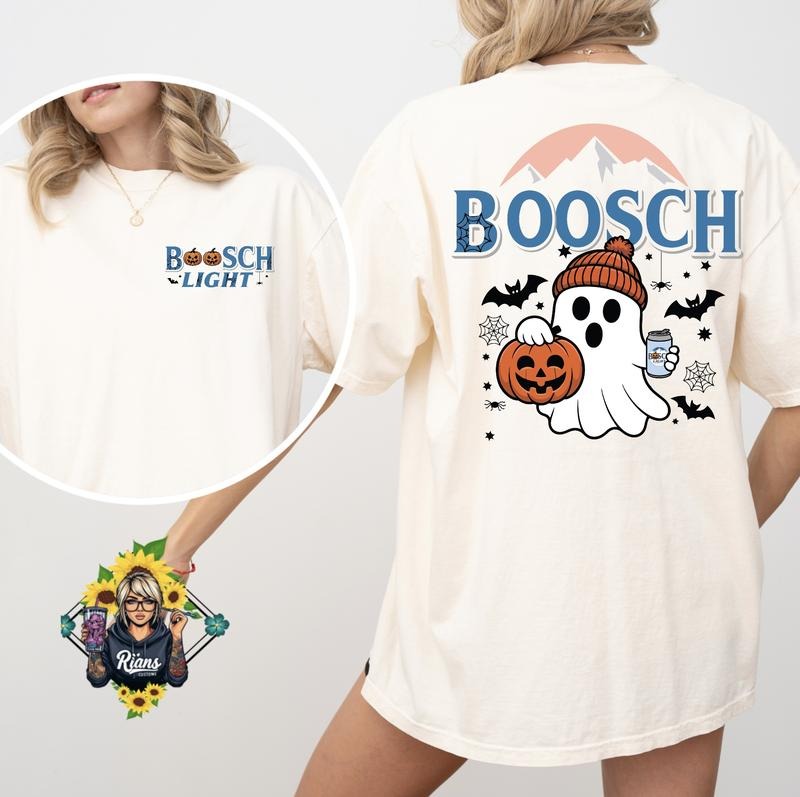 Booosch Light Spooky Cute Comfort Colors Tshirt with Ghost Pumpkin Design and "BOOSCH" Text on Front Hoodie, Sweatshirt
