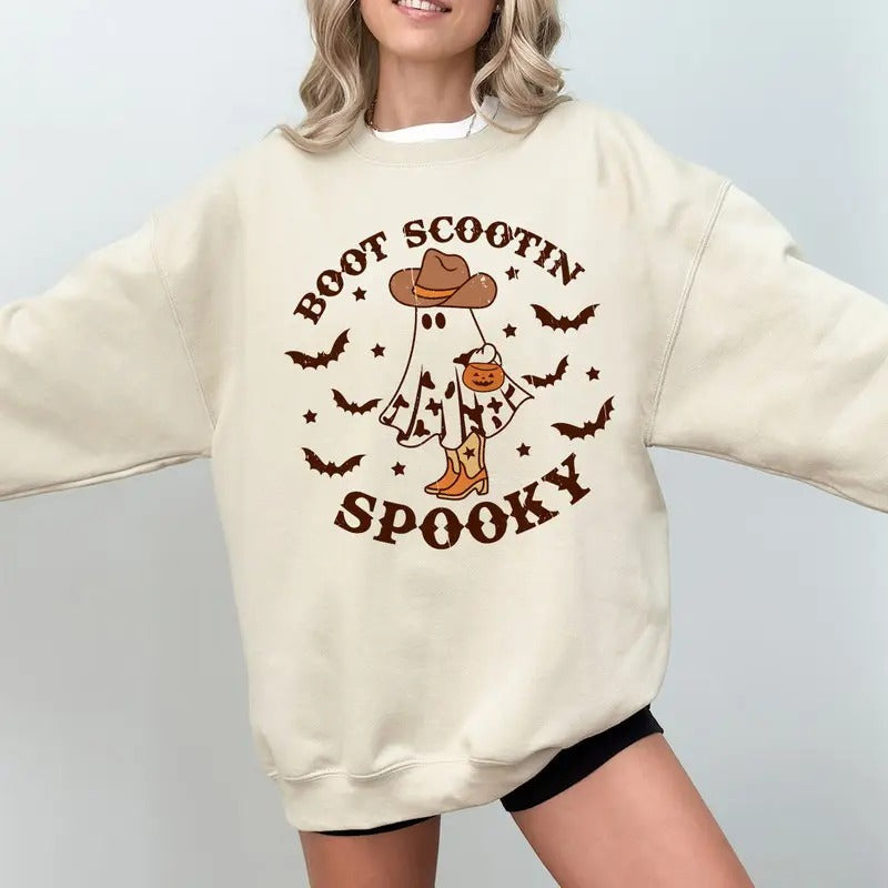 Boot Scootin Spooky Sweatshirt, Cute Ghost Shirt, Halloween Sweatshirt, CowGirl Ghost Sweatshirt, Western Halloween...