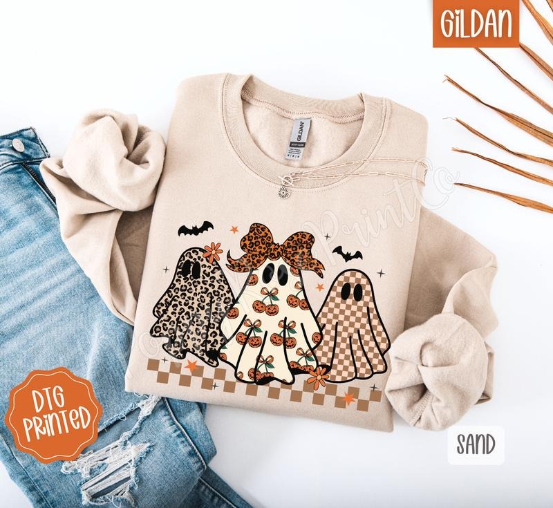 Boujee Ghost Trio Sweatshirt, Trendy Women's Halloween Sweater T-Shirts, Hoodie | RetroVerseTees.com