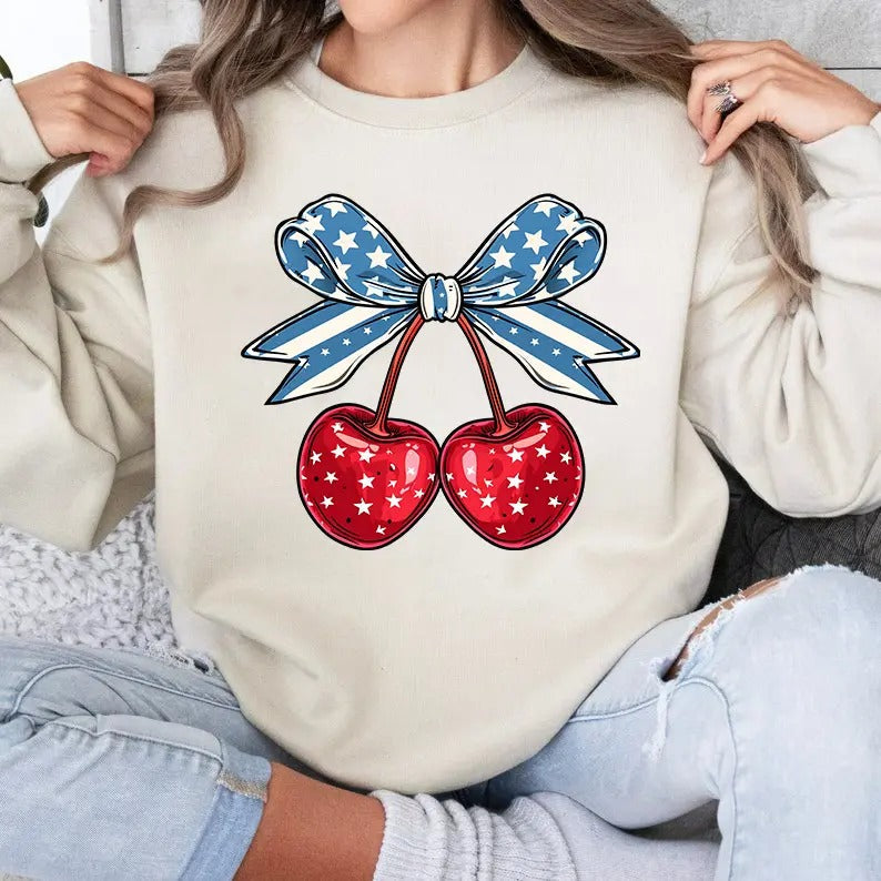 Bow Cherry Sweatshirt, Cherry Coquette Shirt, USA Flag Coquette Shirt, Cherry Lover Gift Shirt, Coquette American Flag Shirt, Retro America Shirt