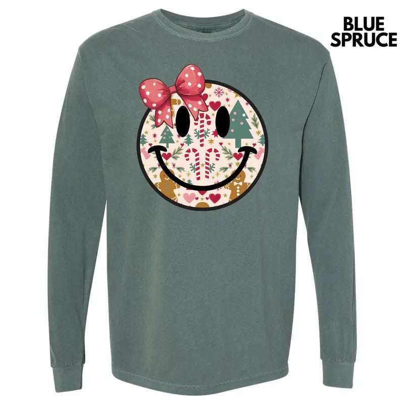Bow Christmas Happy Face Long Sleeve Comfort Colors T-Shirt 'NLB' Hoodie, Sweatshirt | RetroVerseTees.com
