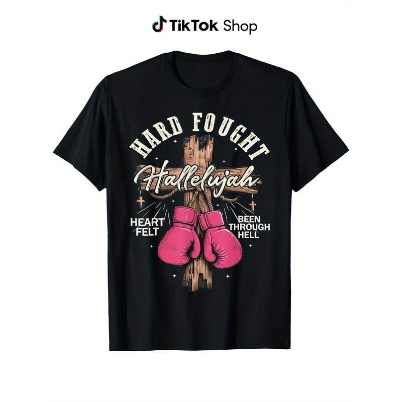 Brandon Hard Fought Hallelujah Praise Jesus T-Shirt, Casual Short Sleeve Tee, Crew Neck Cotton, Super FOG, Summer Tee