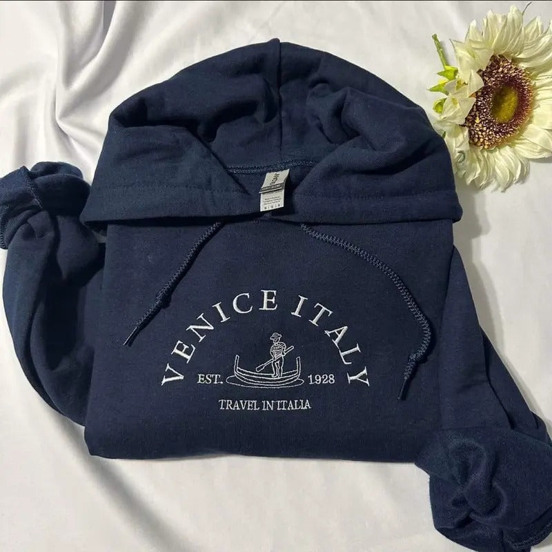 Brandy Venice Italy Embroidered hoodie; Travel in Italia Golden Navy hoodie; Casual Christmas gift Lightweight Clothing...