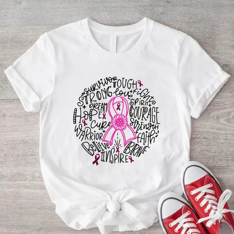 Breast Cancer Awareness Shirt, Pink Ribbon T-Shirt For Woman, Cancer Fighter Gift Tee, Matching Support Team Shirt,...