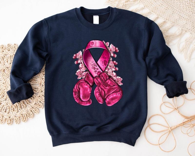 Breast Cancer With Boxing Gloves Sweatshirt, Cancer Warrior Gift Sweater, Breast Cancer Survivor Hoodie, Matching Pink...