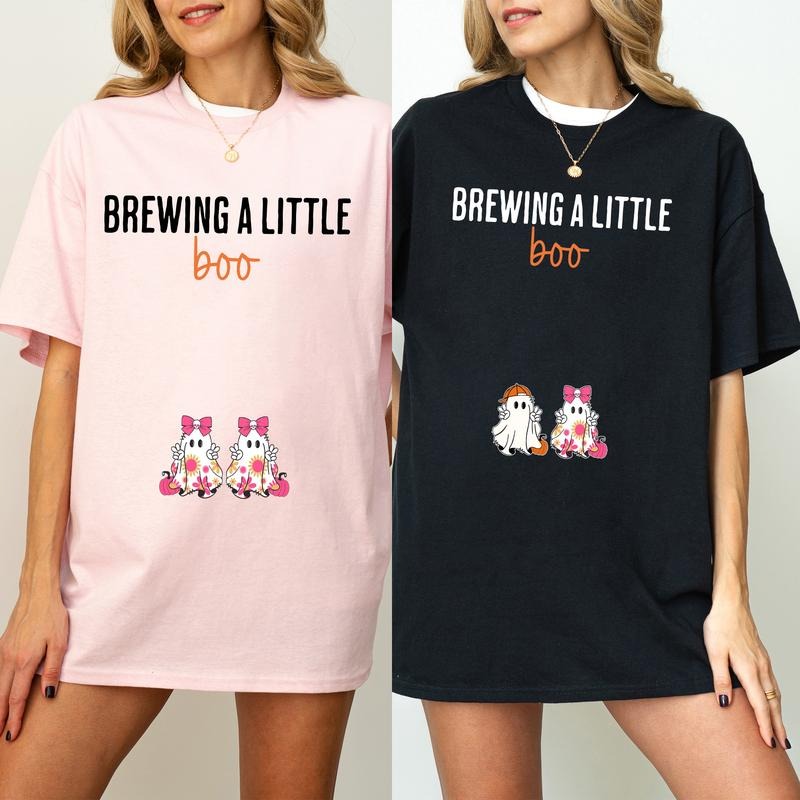 Brewing A Little Boo Twin T-Shirt, Halloween Pregnancy Announcement Shirt, Halloween Maternity T Shirt, Funny Mom To Be...