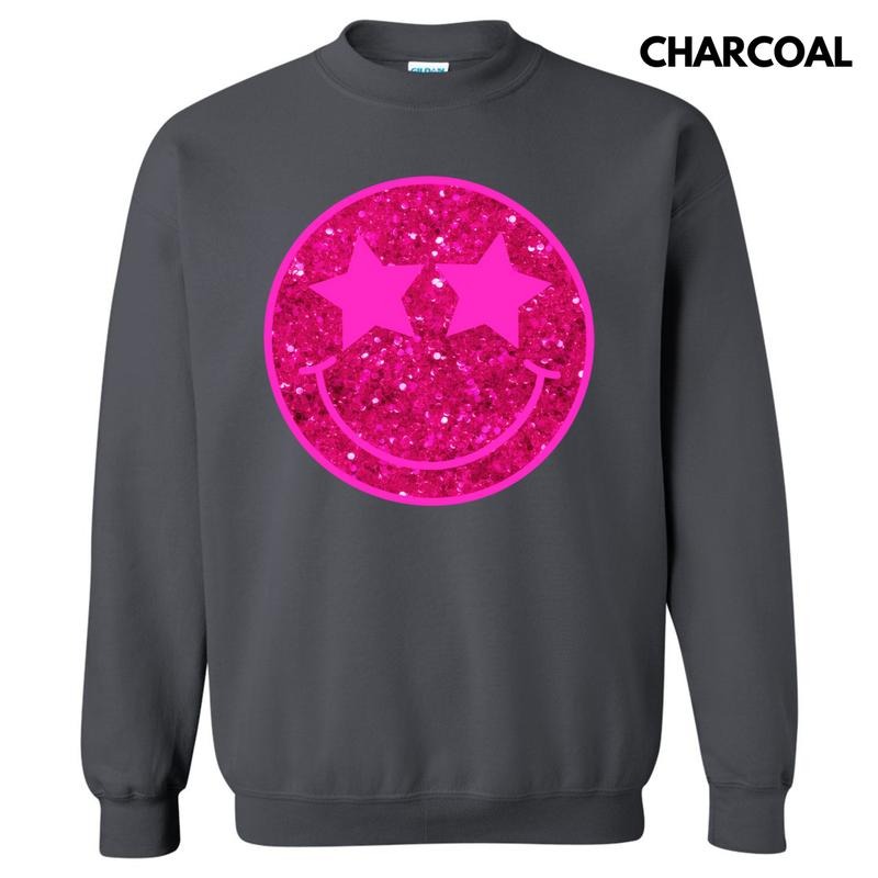 Bright Pink FAKE Glitter Happy Face Sweatshirt 'NLB' T-Shirts, Hoodie | RetroVerseTees.com