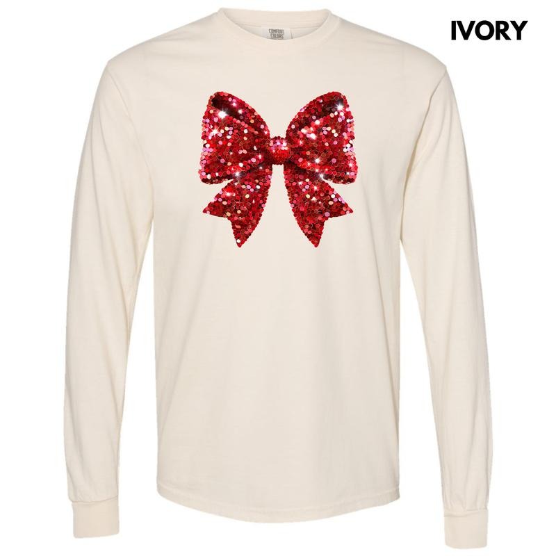 Bright Red Faux Sequin Bow Long Sleeve Comfort Colors T-Shirt 'NLB' Hoodie, Sweatshirt | RetroVerseTees.com