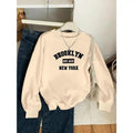 Brooklyn New York Vintage Letter Print Sweatshirt for Women - Casual Round Neck Pullover Hoodie, Polyester Knit Fabric,...