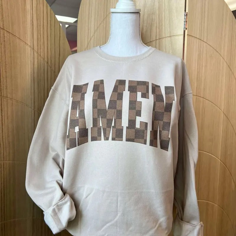 Brown Checkered AMEN Sweatshirt or TShirt- Christian Apparel Hoodie | RetroVerseTees.com