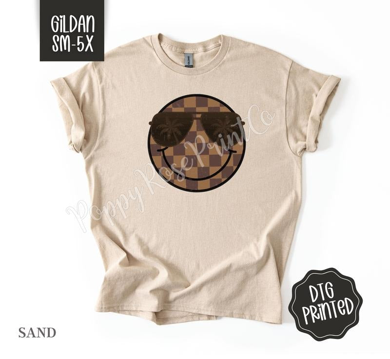 Brown Checkered Smiley Gildan Tshirt , Summer Tee, Cute Women's Shirt, Gift For Her Hoodie, Sweatshirt | RetroVerseTees.com