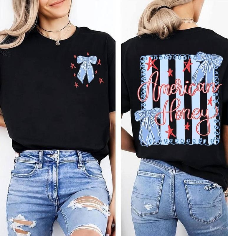 Brushtroke American Honey Flag Coquette Bows 2 Sided Shirt, Trendy Red White Blue Tee, USA Independence Fourth of July...