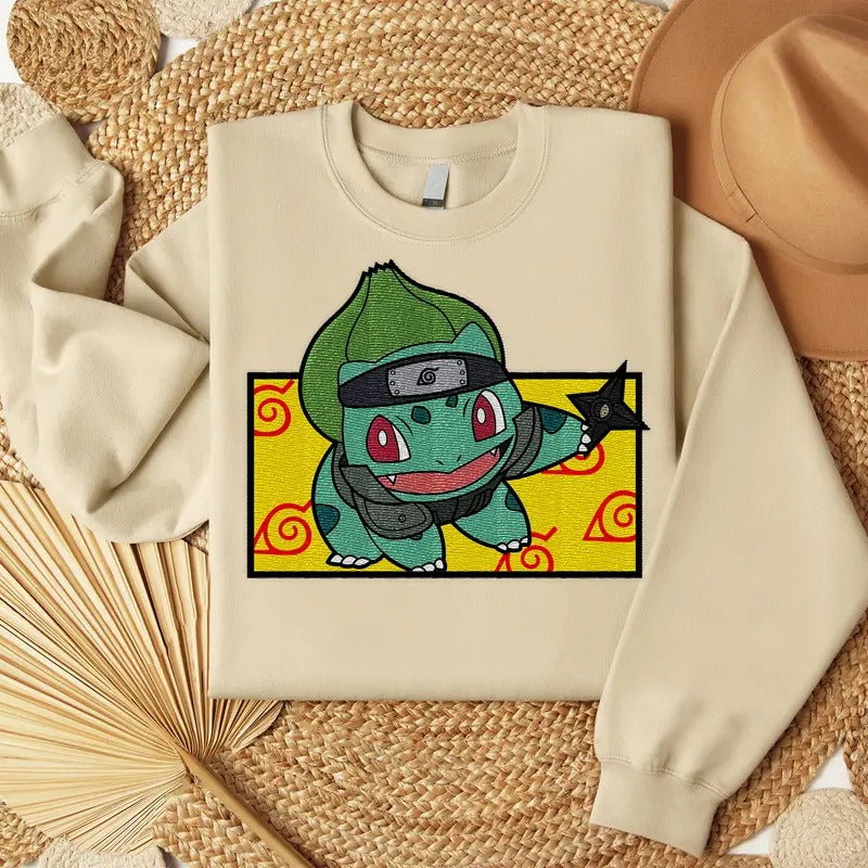 Bulbasaur Shinobi Embroidered Sweatshirt, Konoha Embroidered Shirt, Anime Embroidered Shirt Hoodie | RetroVerseTees.com
