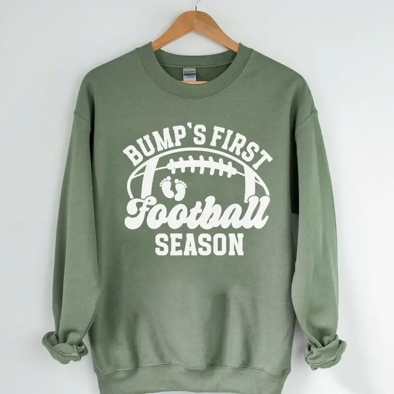 Bump's First Football Season Shirt, Football Pregnancy Announcement Maternity Tee Hoodie, Sweatshirt | RetroVerseTees.com