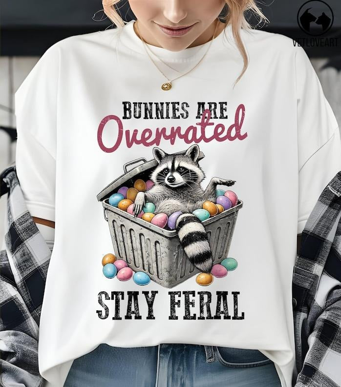 Bunnies Are Overrated Stay Feral Tee, Raccoon Easter Shirt, Feral Easter Funny Tee, Retro Easter Sarcastic Gift Hoodie,...