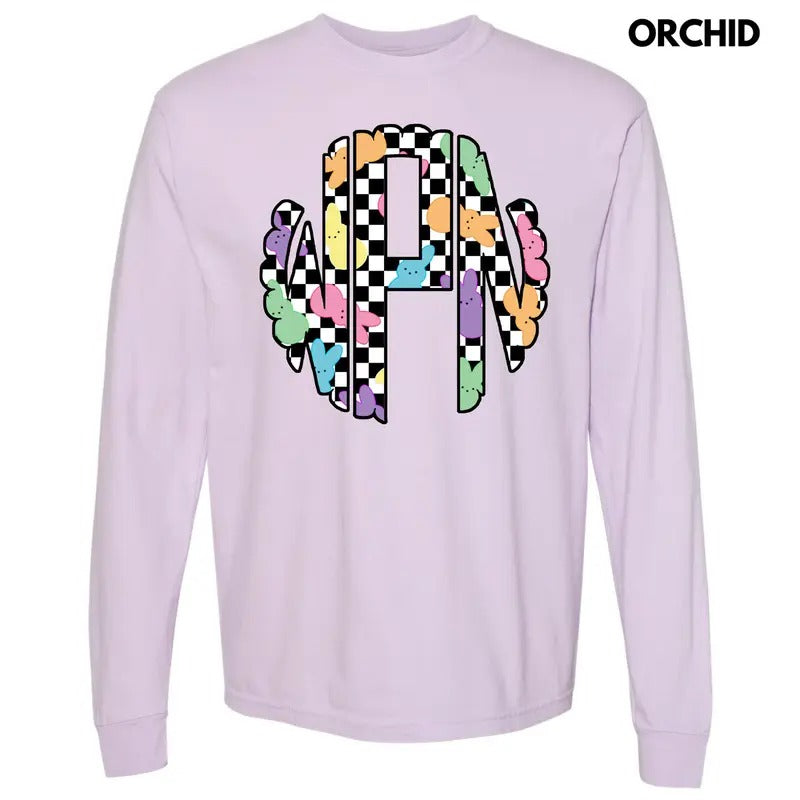 Bunny Checkered Monogram Long Sleeve Comfort Colors T-Shirt 'NLB' Hoodie, Sweatshirt | RetroVerseTees.com