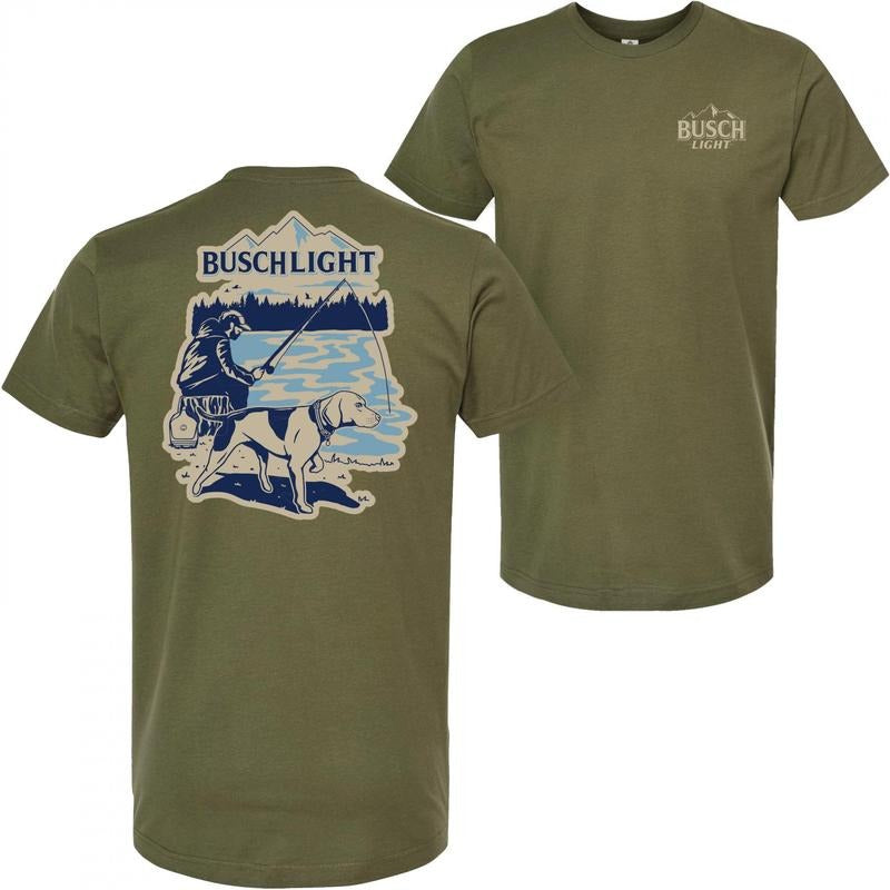 Busch Light Fishing with Friends Olive Front Back Print T-Shirt Hoodie, Sweatshirt | RetroVerseTees.com