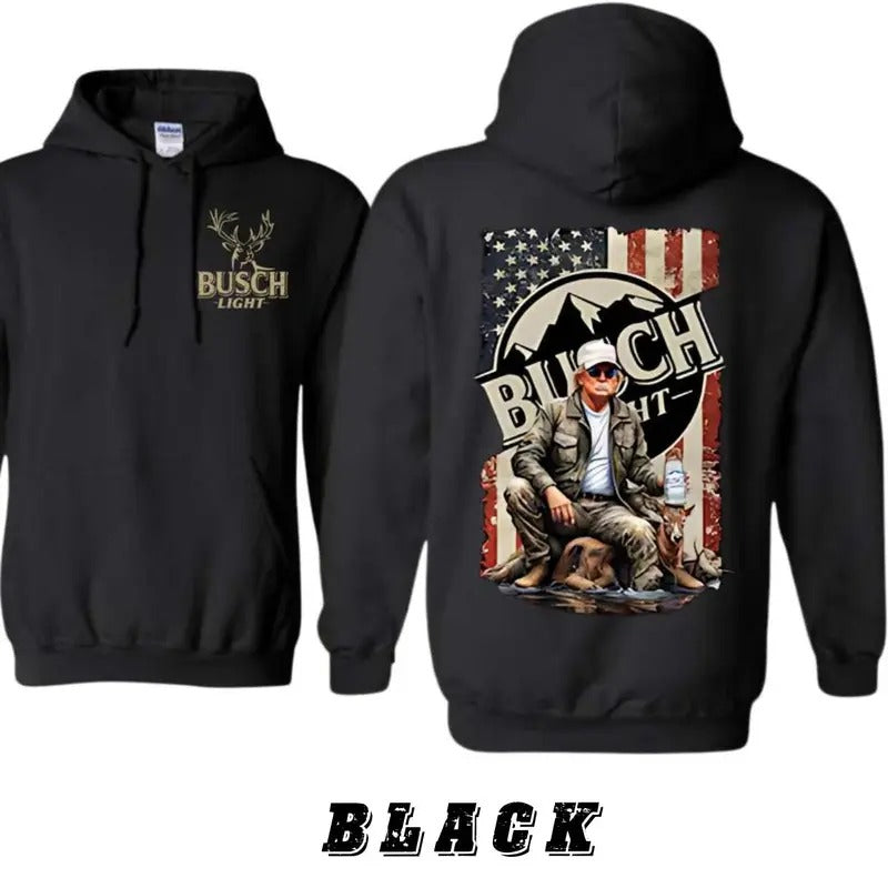 Busch Light Hoodie - Patriotic Design With Hunter Gunpla brand Dog Over American Flag Background, Ideal For Busch Light...