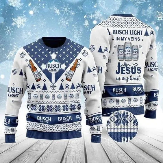 Busch Light In My Veins Jesus In My Heart Ugly Sweater | Busch Sweater T-Shirts, Hoodie, Sweatshirt | RetroVerseTees.com