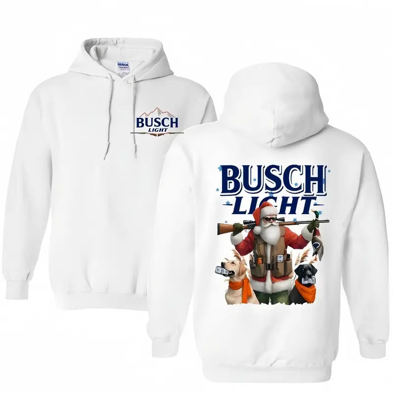 Busch Light Santa With DoG Hunting Duck Christmas Double Sided Hoodie for Men - 100% Cotton - Classic T-Shirts, Sweatshirt